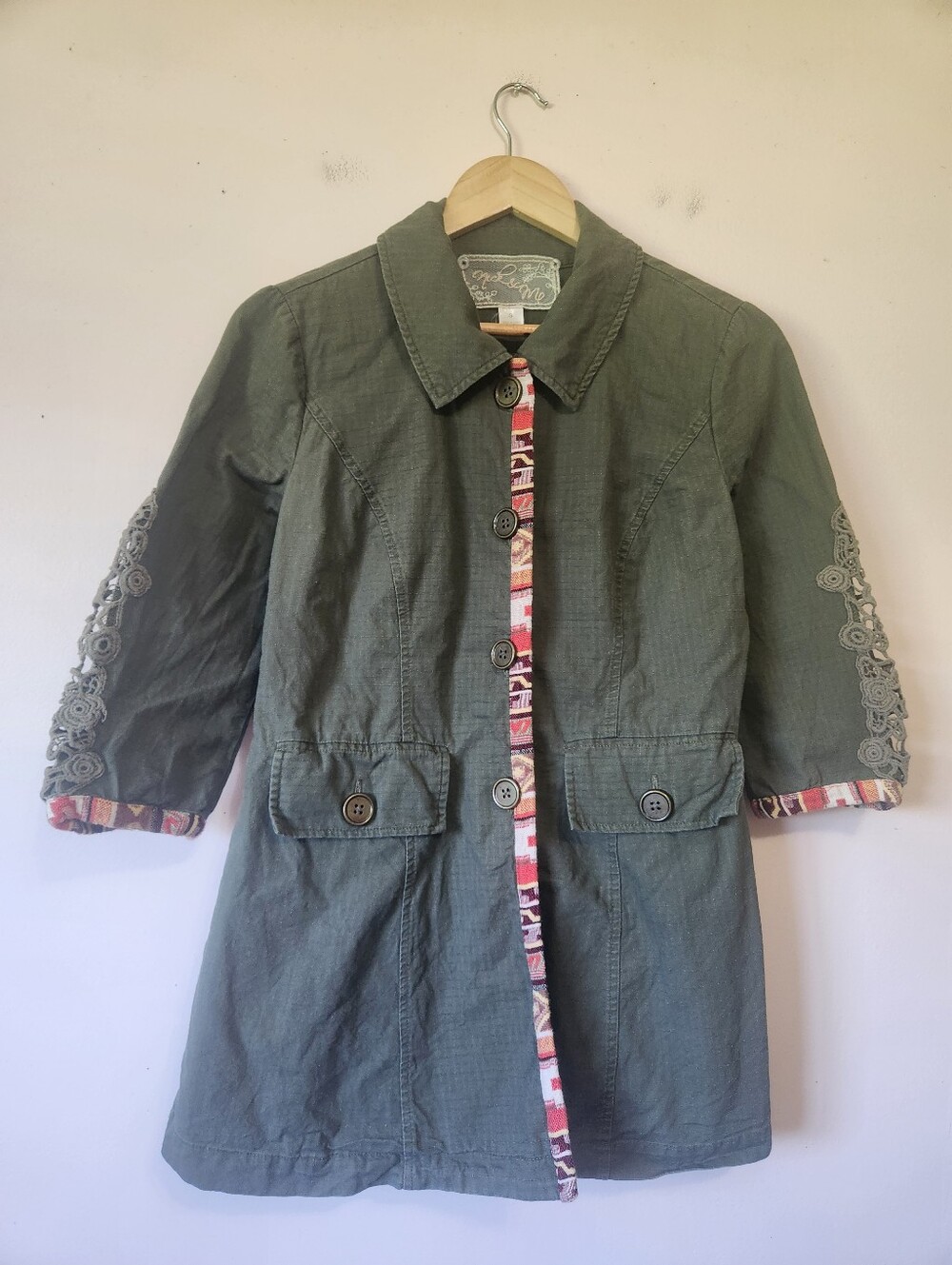 Nick & Me Anthropologie Olive Green Boho Crochet Sleeve Whimsigoth Jacket Sz S